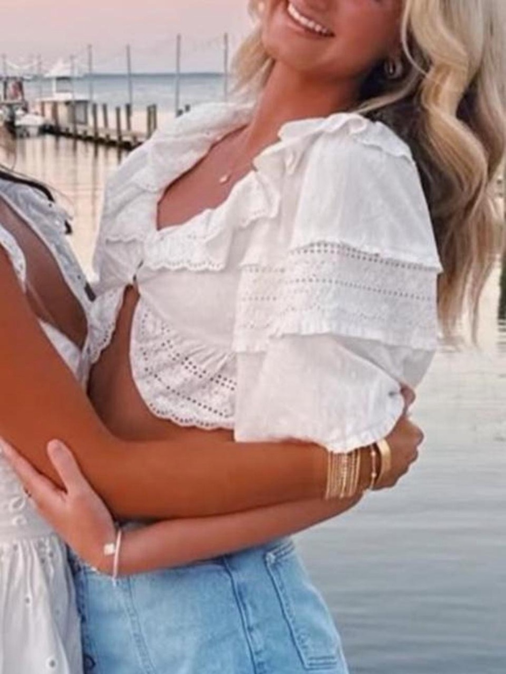 FARM Rio White Eyelet Ruffle Crop Top